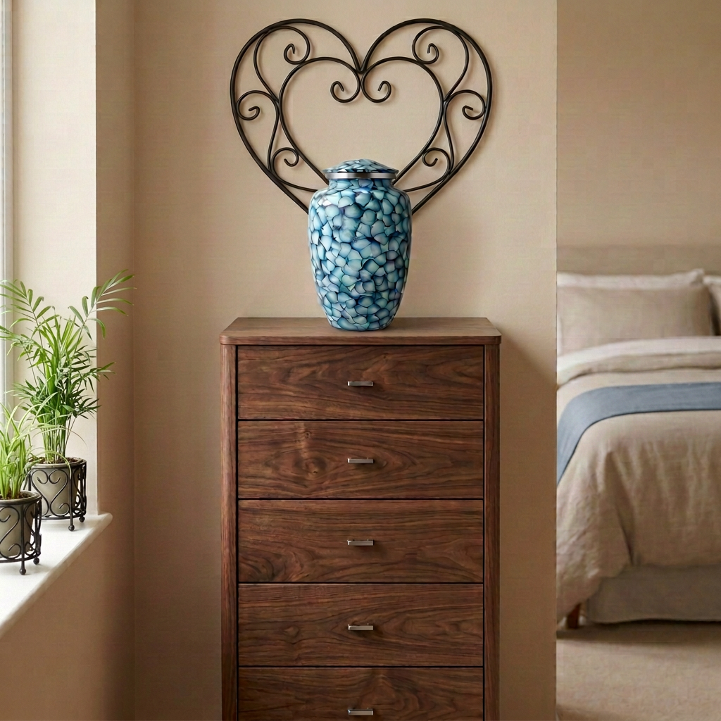Azure Mosaic Cremation Urn on a dark walnut tallboy in a bedroom with a large iron heart, windowsill plants and a blue bed runner
