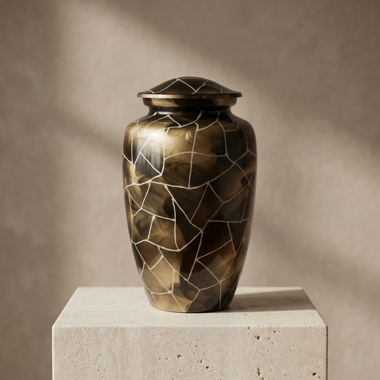 Golden Mosaic Cremation Urn on a limestone pedestal against a warm taupe background