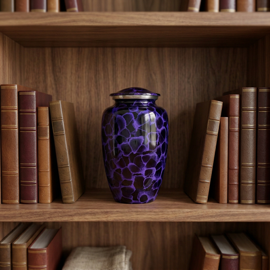 Indigo Mosaic Cremation Urn centered on a walnut bookshelf beside leather-bound books