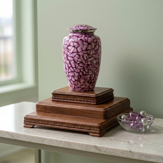 Amethyst Mosaic Cremation Urn on a wooden riser on a marble table against a light green wall, beside a dish of purple hearts and silver balls
