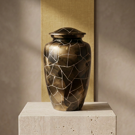 Golden Mosaic Cremation Urn on a stone pedestal with a long yellow linen runner hanging on the wall behind it