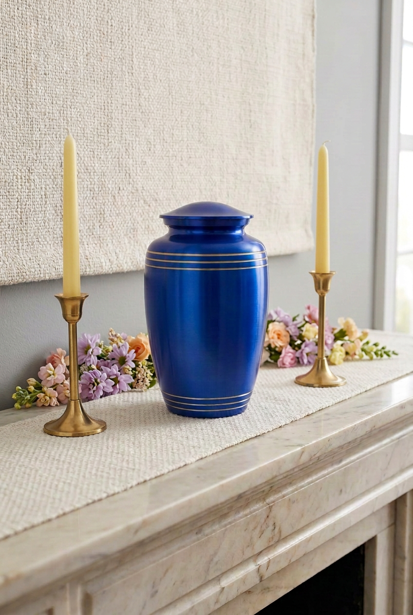 Royal Blue Cremation Urn mantel with flowers and candlesticks