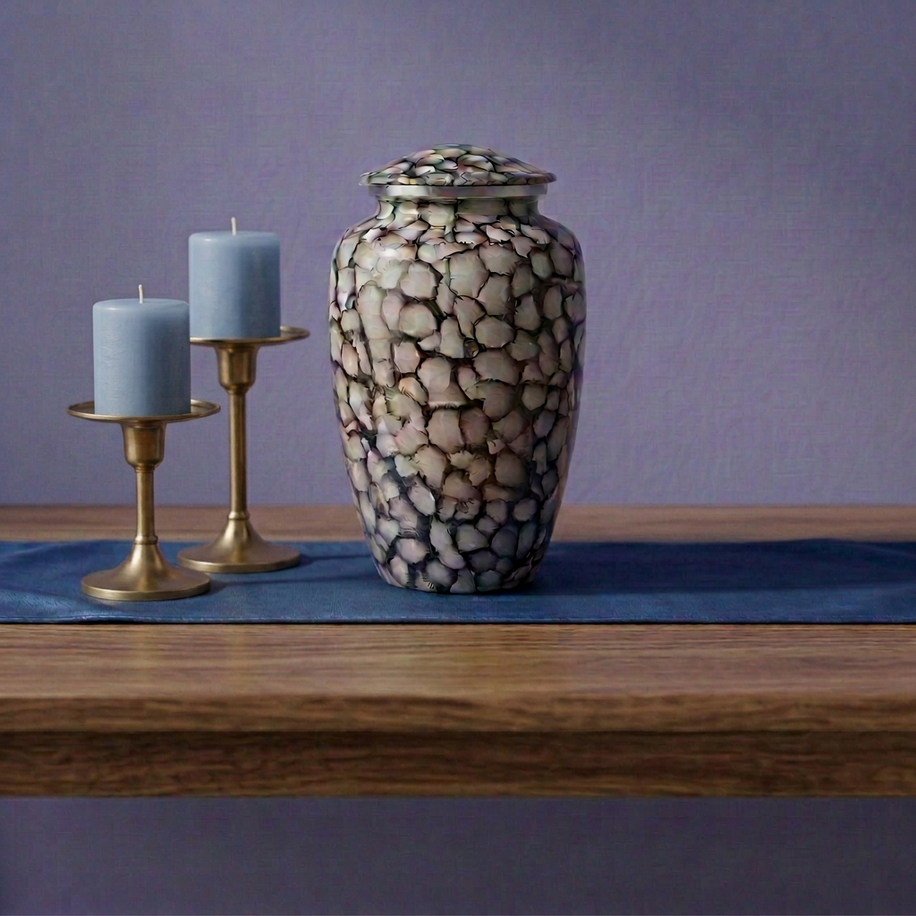 Midnight Mosaic Cremation Urn on a walnut table with a sapphire runner, beside blue pillar candles in brass holders