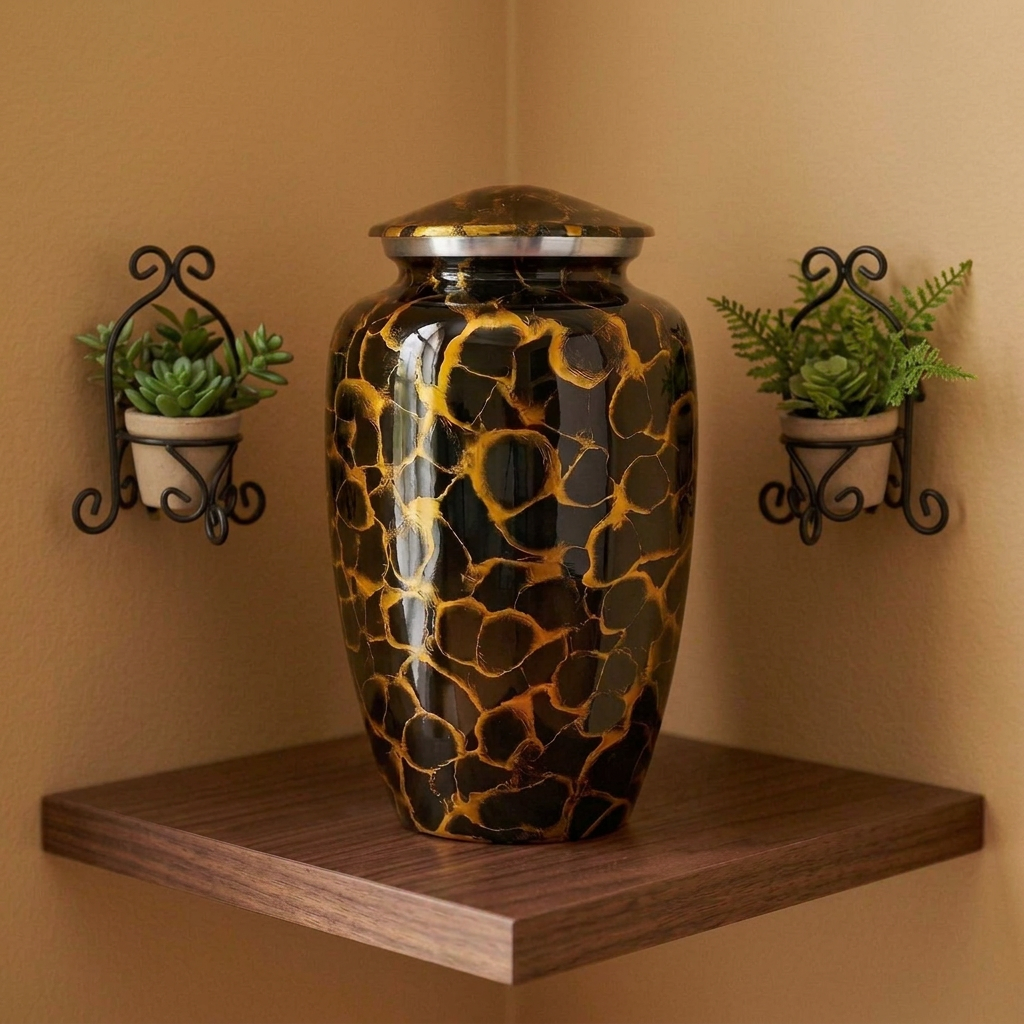Golden Leopard Cremation Urn on a walnut corner shelf against camel walls with wall-mounted black iron plant holders