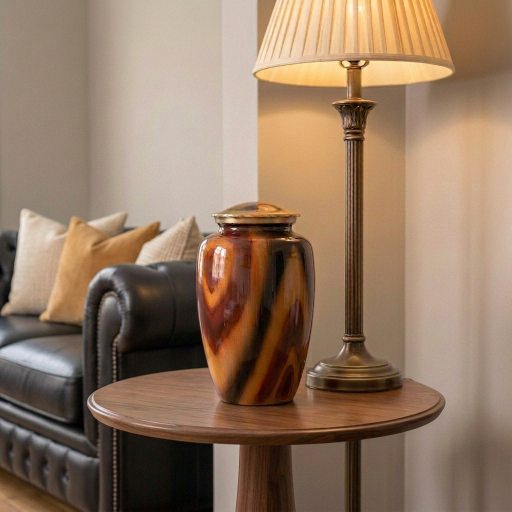 Amber Strata Cremation Urn on a round walnut table beside a Roman-inspired lamp and black leather couch with cream and amber pillows